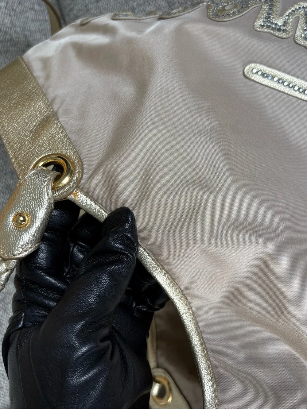 Salvatore Ferragamo Beige Nylon Shoulder Bag with Metallic Gold Trim